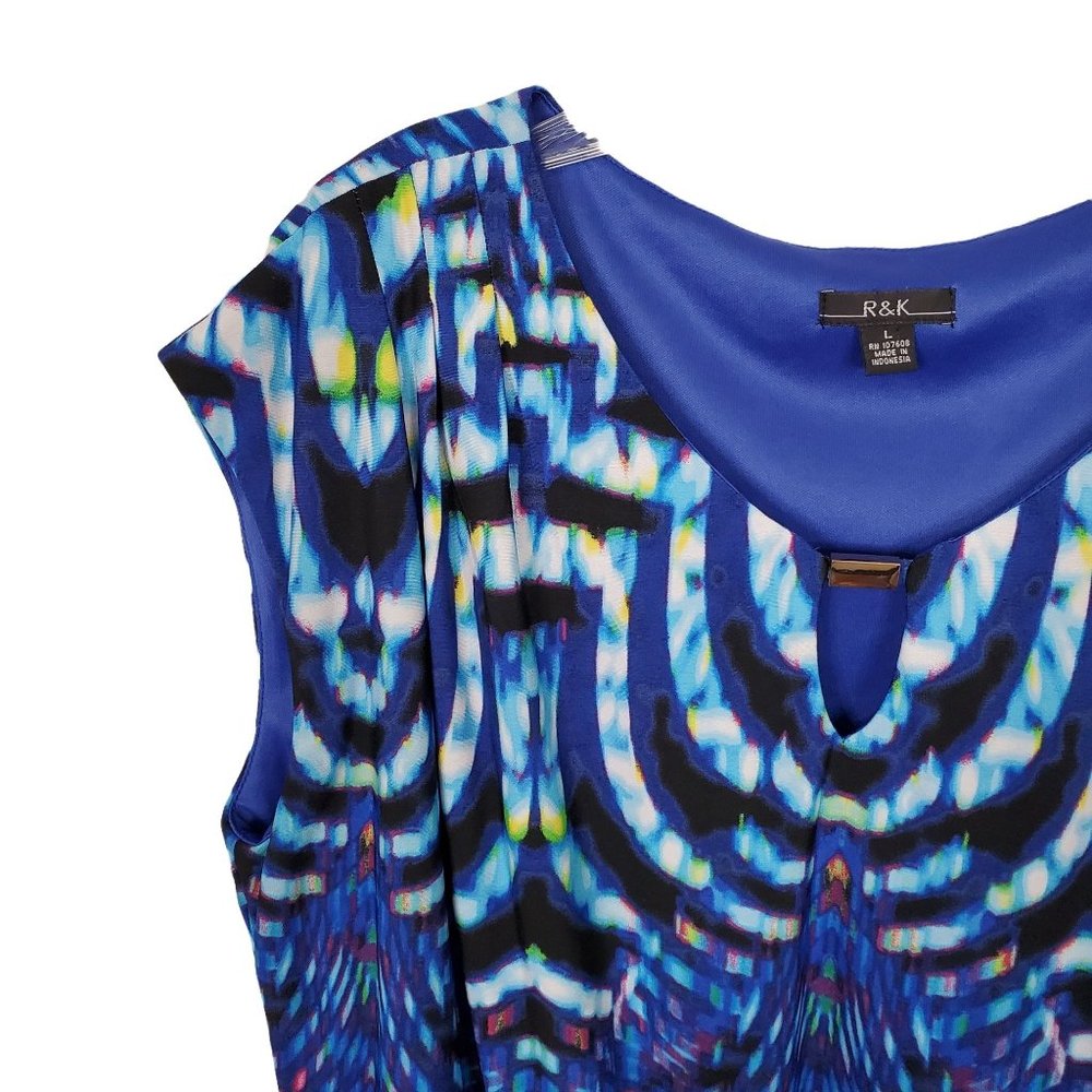R&K Size L Dress Stained Glass Blouson Sleeveless V-notch Stretch Lined Blue - Picture 4 of 7